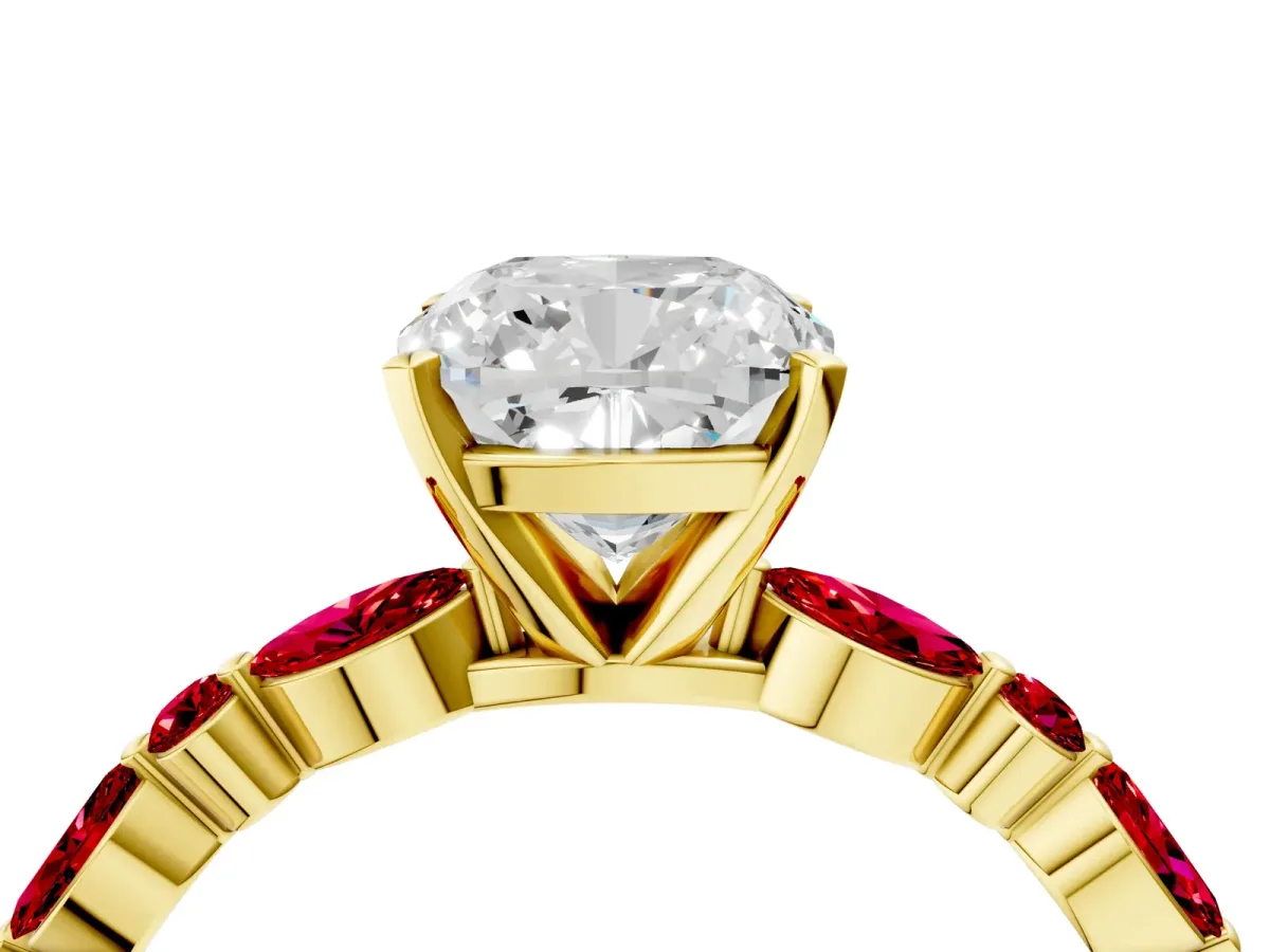 Cushion Cut Diamond Ring with Marquise and Round Ruby Side Stones and Four-Prong Setting Yellow gold