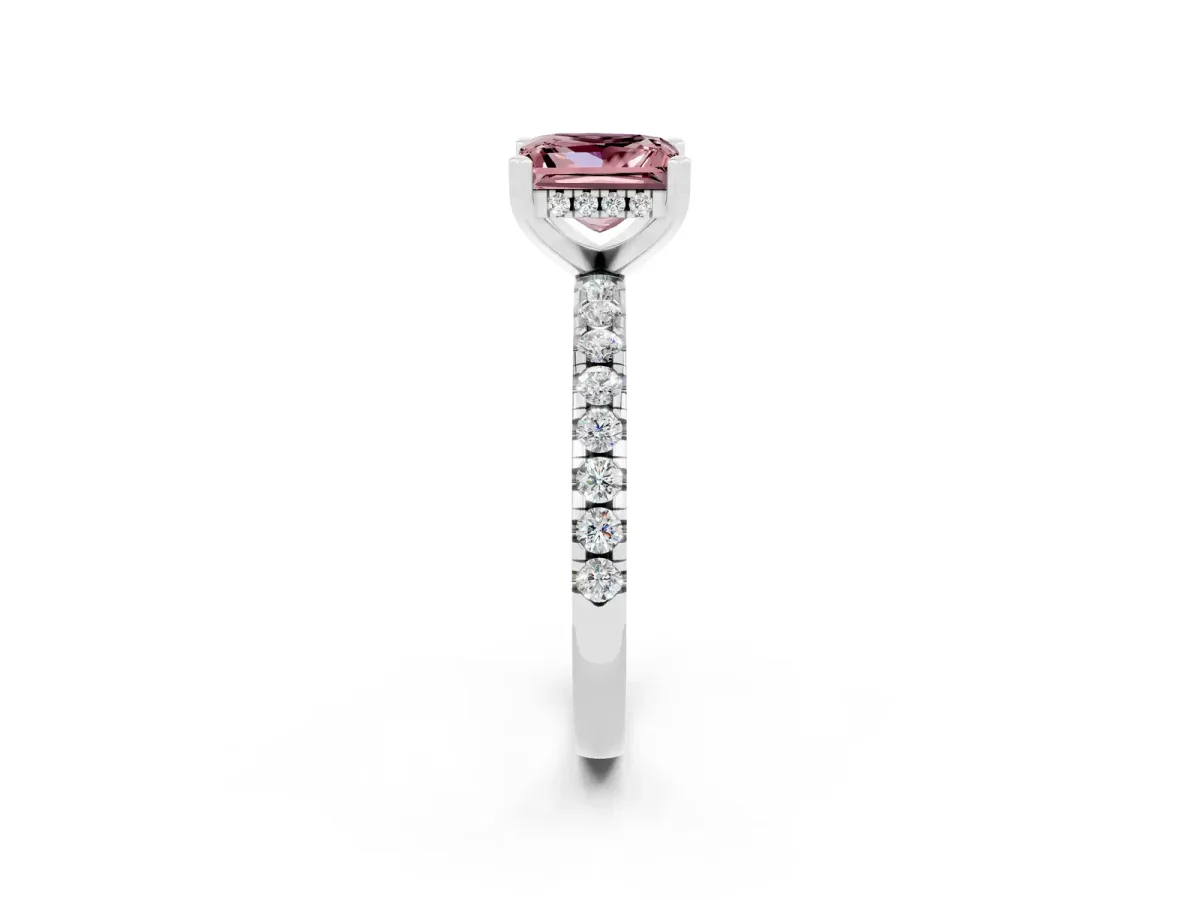 Princess Cut Morganite Solitaire Ring with Round Pavé Band and Four-Prong Setting Silver