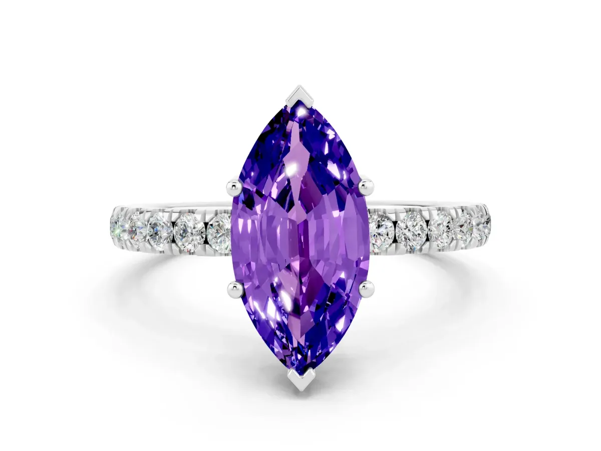 Marquise Cut Tanzanite Pave Band Solitaire Ring with Round and Prong Setting Platinum