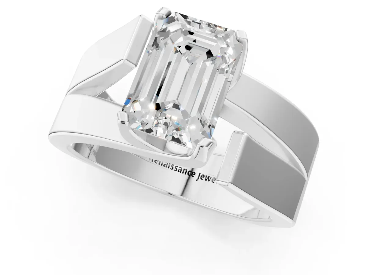 Modern Tension Set Emerald Cut Diamond Solitaire Wide Band Ring Platinum