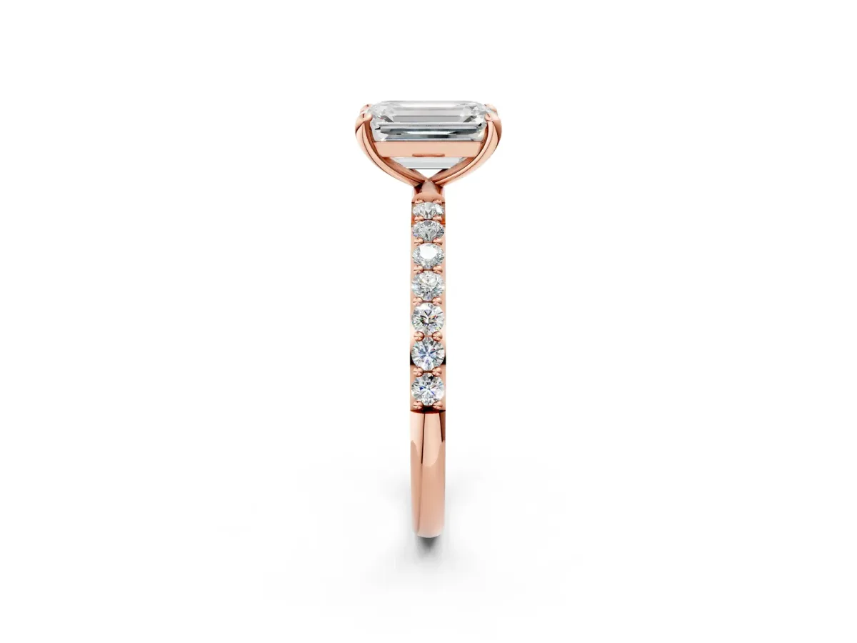 Emerald Cut Diamond Solitaire Ring with Round Pavé Band and Prong Setting Rose gold