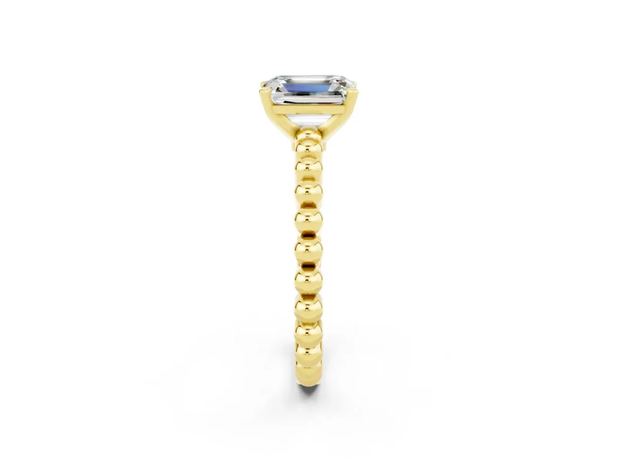 Emerald Cut Moissanite Solitaire Ring with Beaded Band and Prong Setting Yellow gold