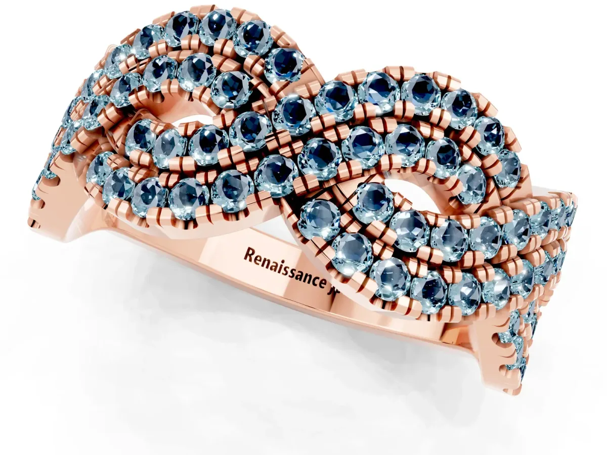 Pavé Round Aquamarine Infinity Twist Band with Shared Prong Setting Rose gold