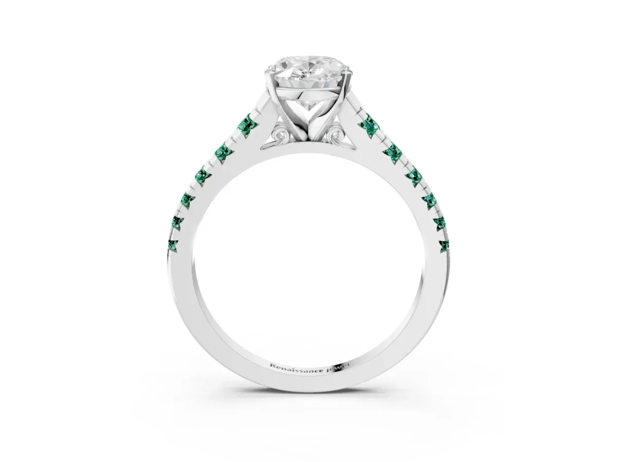 Oval Cut Diamond Cathedral Solitaire Ring with Round Green Sapphire Pavé Band Silver