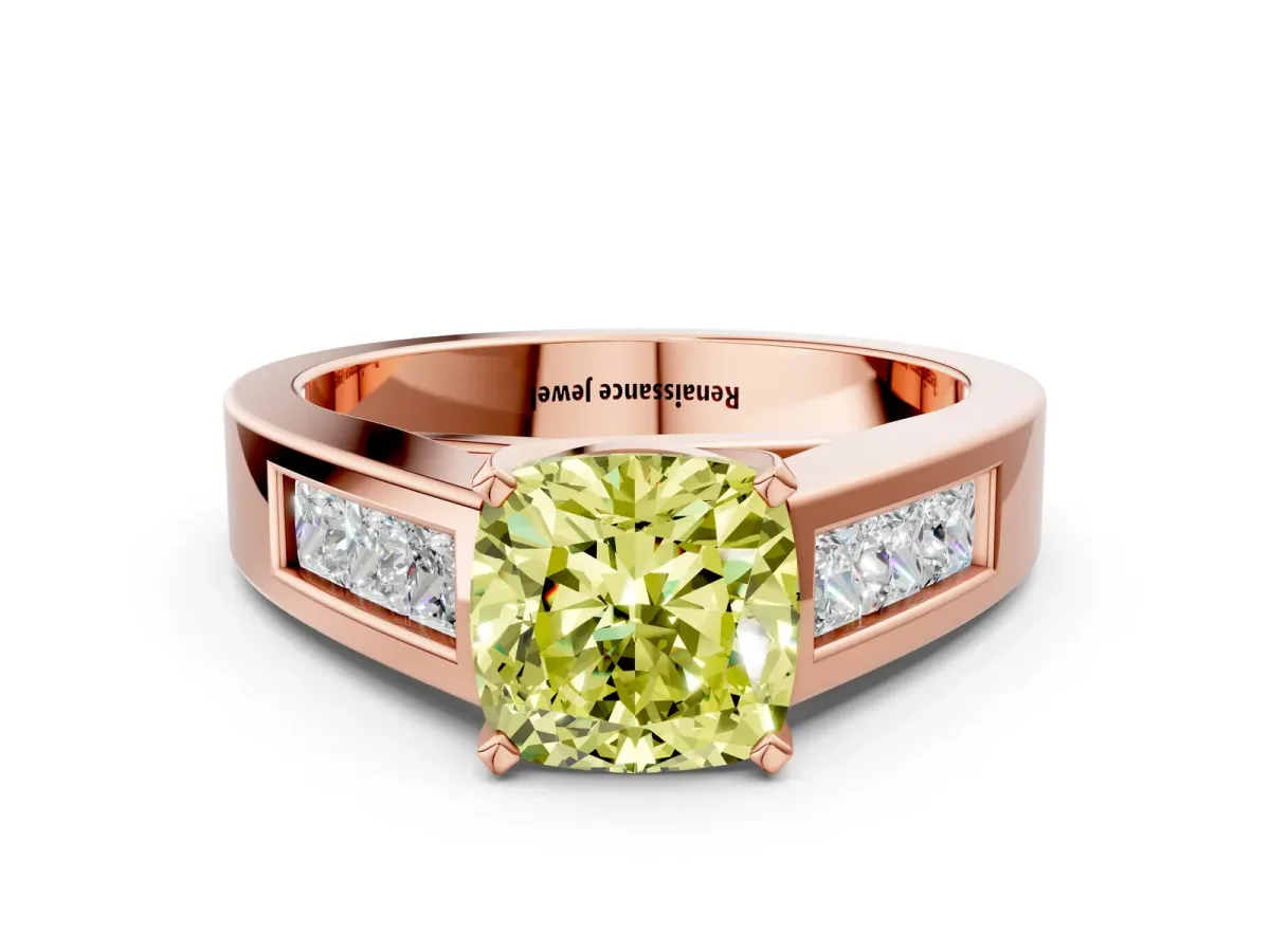 Fancy Yellow Cushion Cut Cut Channel Set Solitaire Ring with Four-Prong Setting Rose gold