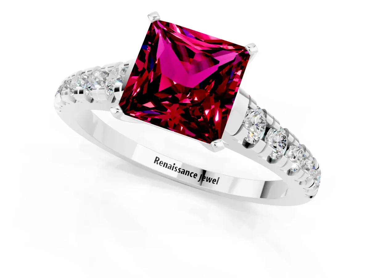 Princess Cut Garnet Cathedral Solitaire Ring with Round Pavé Band Silver