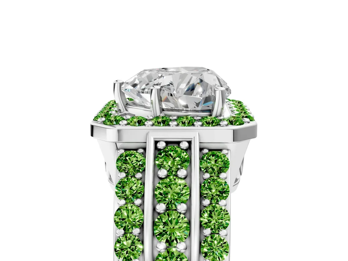 Heart Cut Halo Diamond Ring with Round Peridot Split Shank and Prong Setting Silver