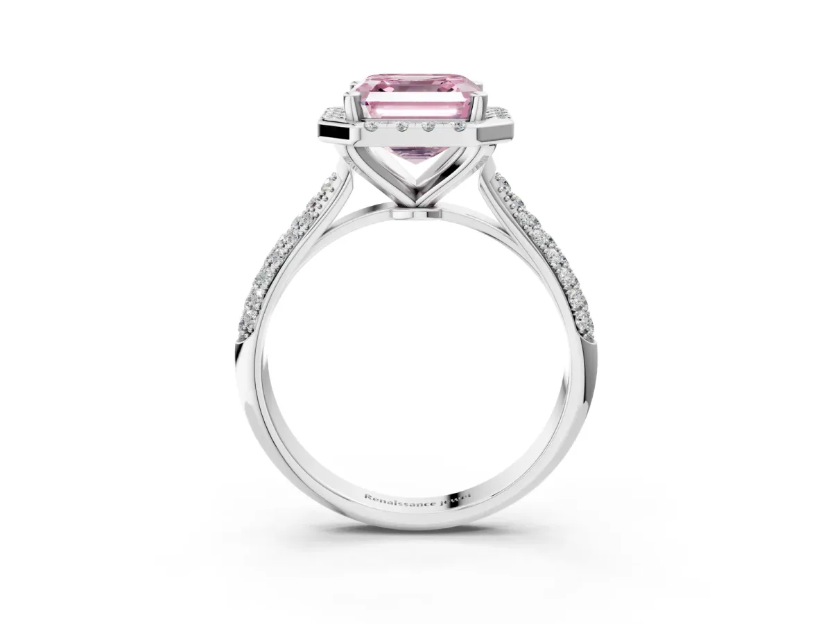 Fancy Pink Asscher Cut Cut Halo Pave Band Four-Prong Setting Ring Platinum