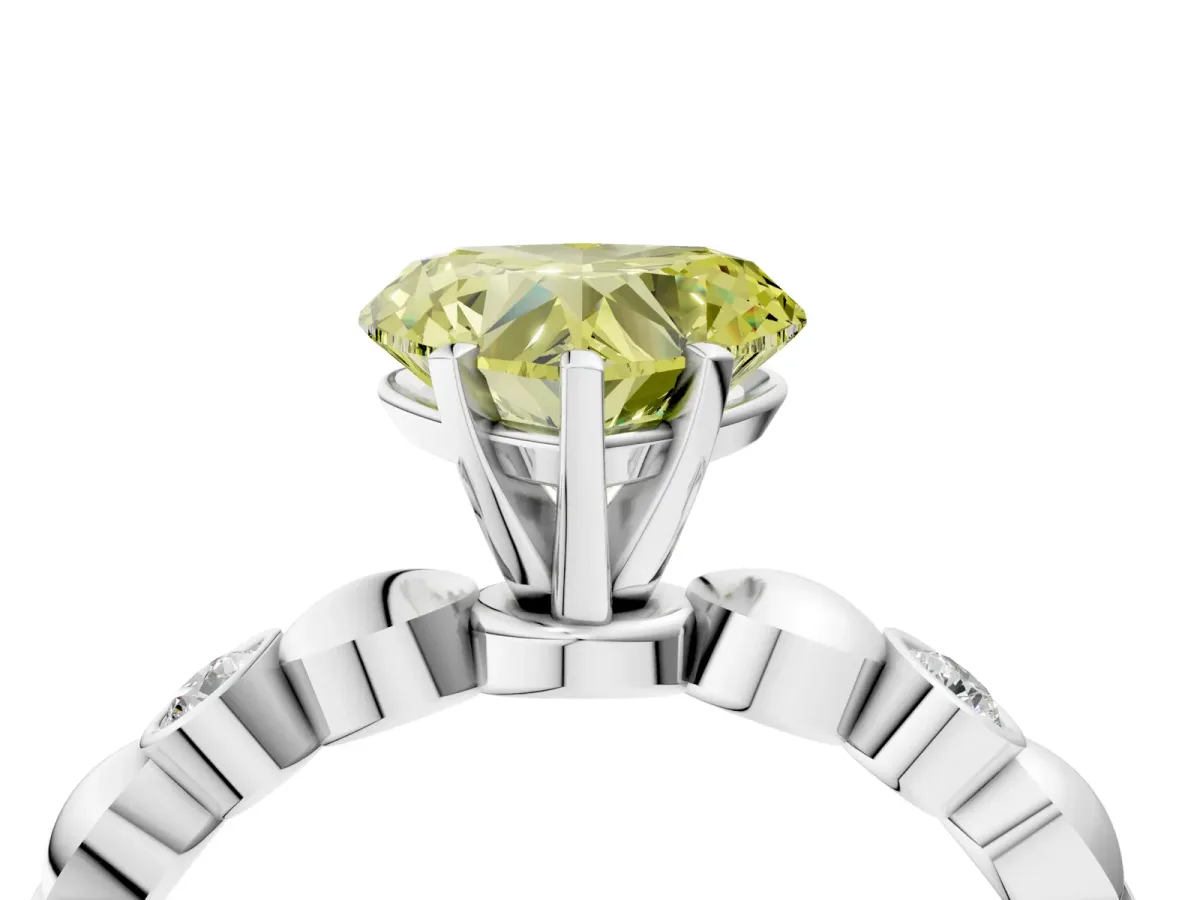 Fancy Yellow Heart Cut Solitaire Bezel-Set Diamond Ring with Beaded Band and Four-Prong Setting Silver