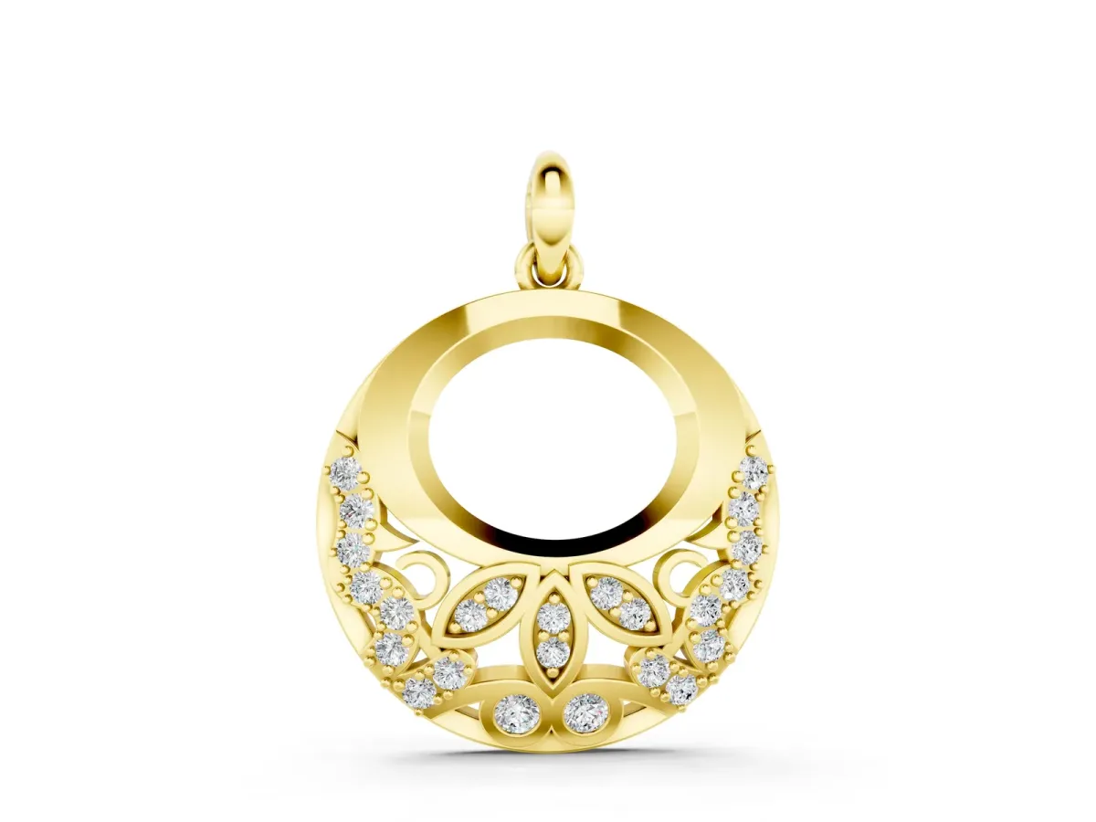 Round Diamond Pavé Leaf Filigree Pendant Yellow gold