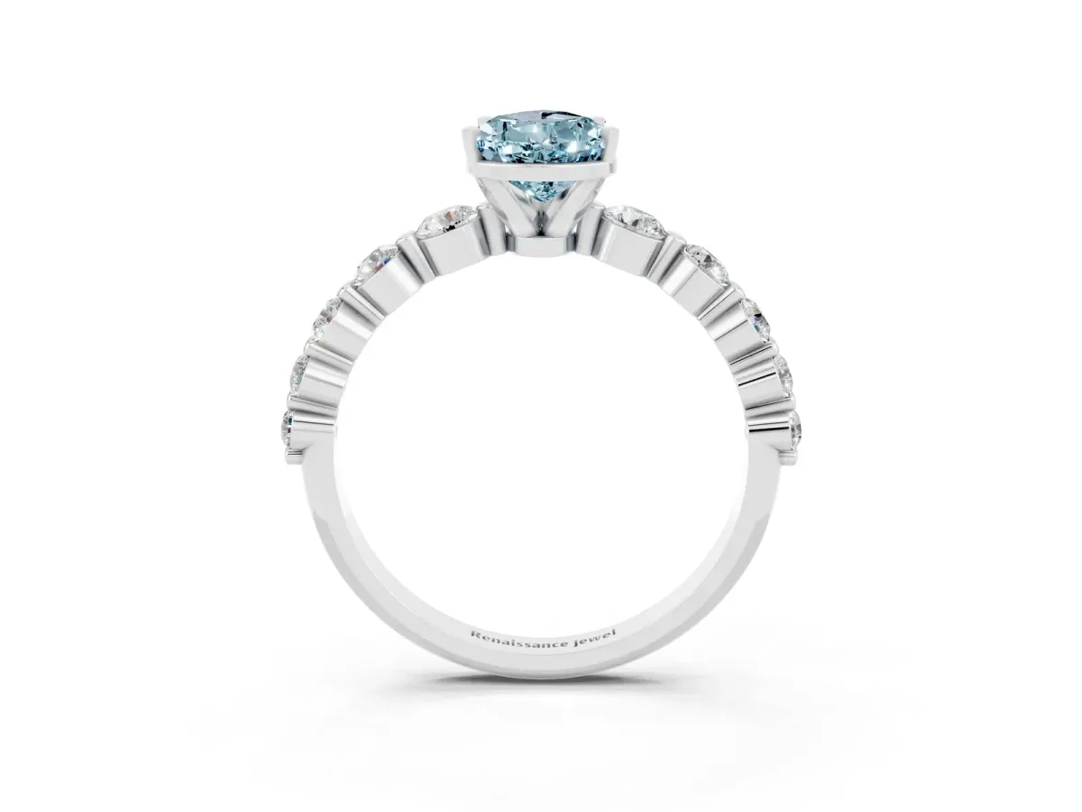 Pear Cut Solitaire Aquamarine Ring with Pave Band and Four-Prong Setting Silver