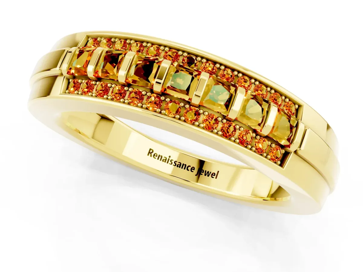 Bar-Set Princess Cut Citrine Pavé Band Yellow gold