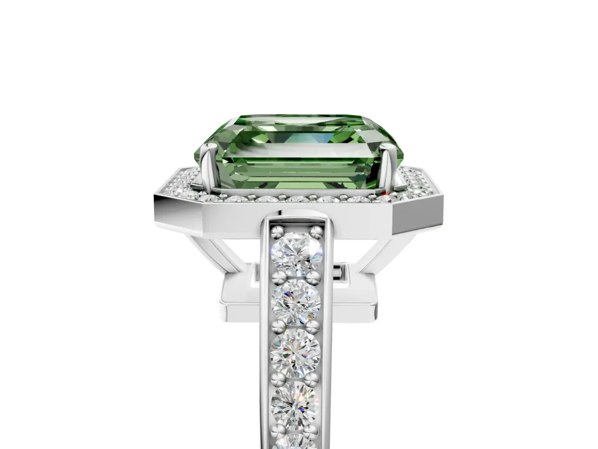 Fancy Green Asscher Cut Halo Pavé Diamond Engagement Ring with Bezel Setting Silver