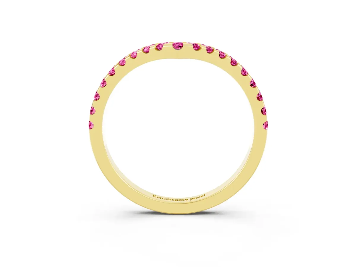 Pavé Round Pink Sapphire Chevron Band with Shared Prong Setting Yellow gold