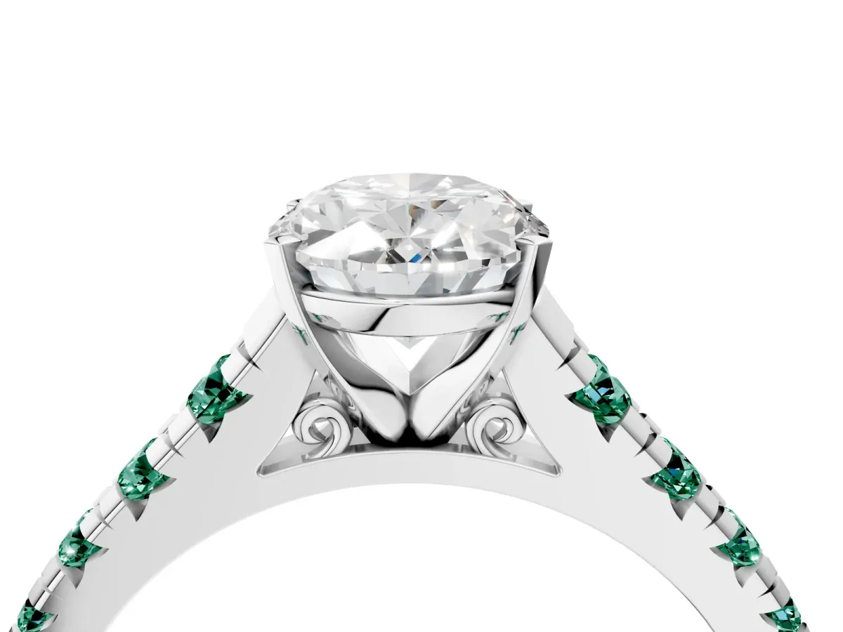 Oval Cut Diamond Cathedral Solitaire Ring with Round Green Sapphire Pavé Band Silver
