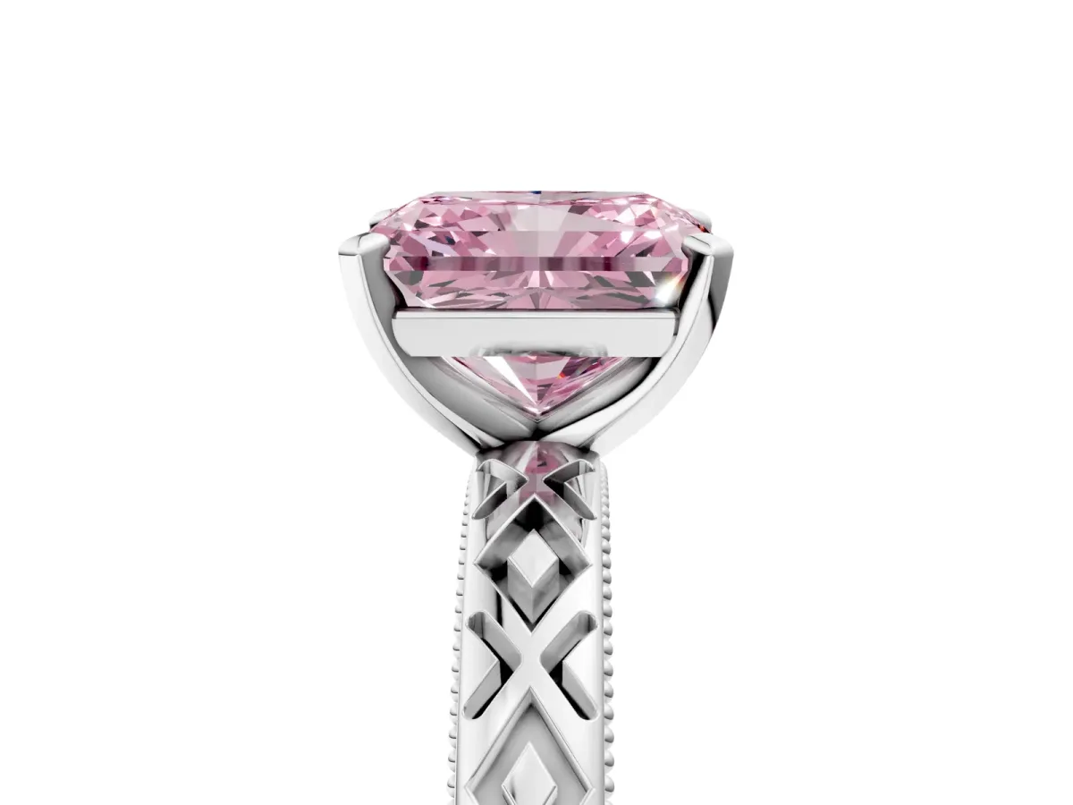 Fancy Pink Radiant Cut Solitaire Diamond Ring with Milgrain and Black Enamel X Pattern Band Platinum