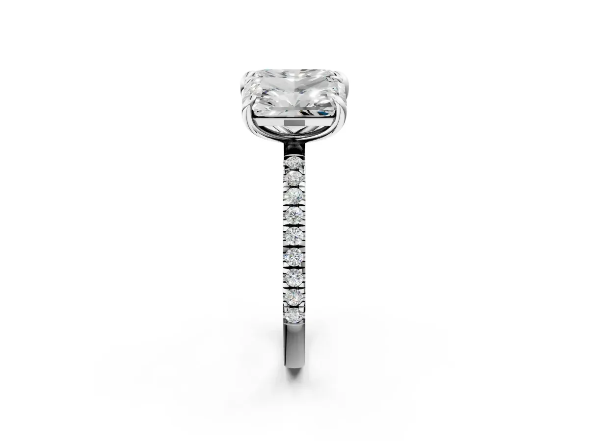Emerald and Radiant Toi Moi Ring with Prong Setting and Pave Band Silver
