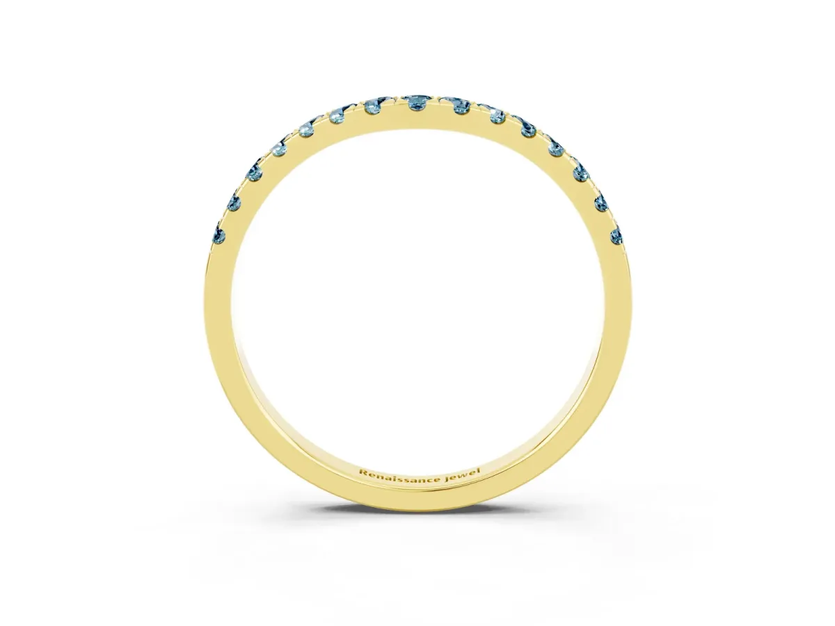 Curved Pavé Round Aquamarine Wedding Band with Shared Prong Setting Yellow gold