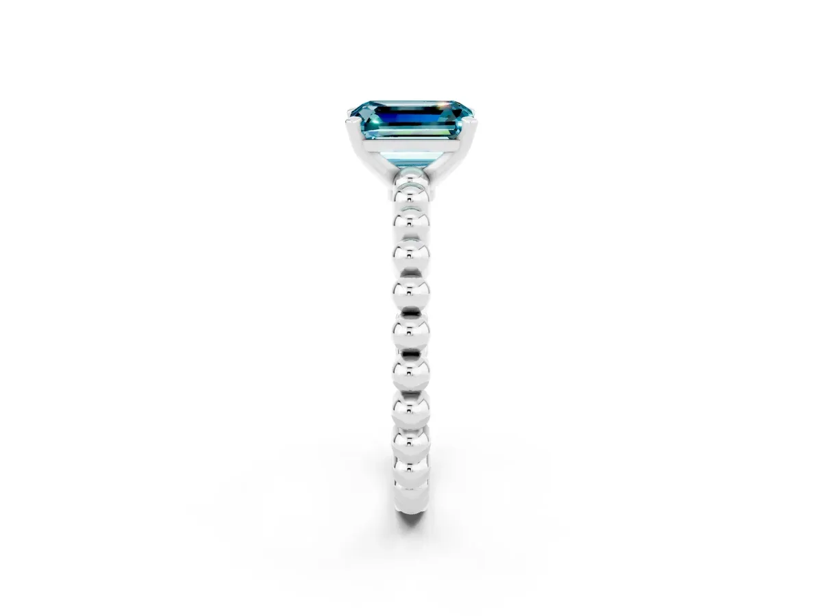 Emerald Cut Blue Topaz Solitaire Ring with Beaded Band and Prong Setting Platinum