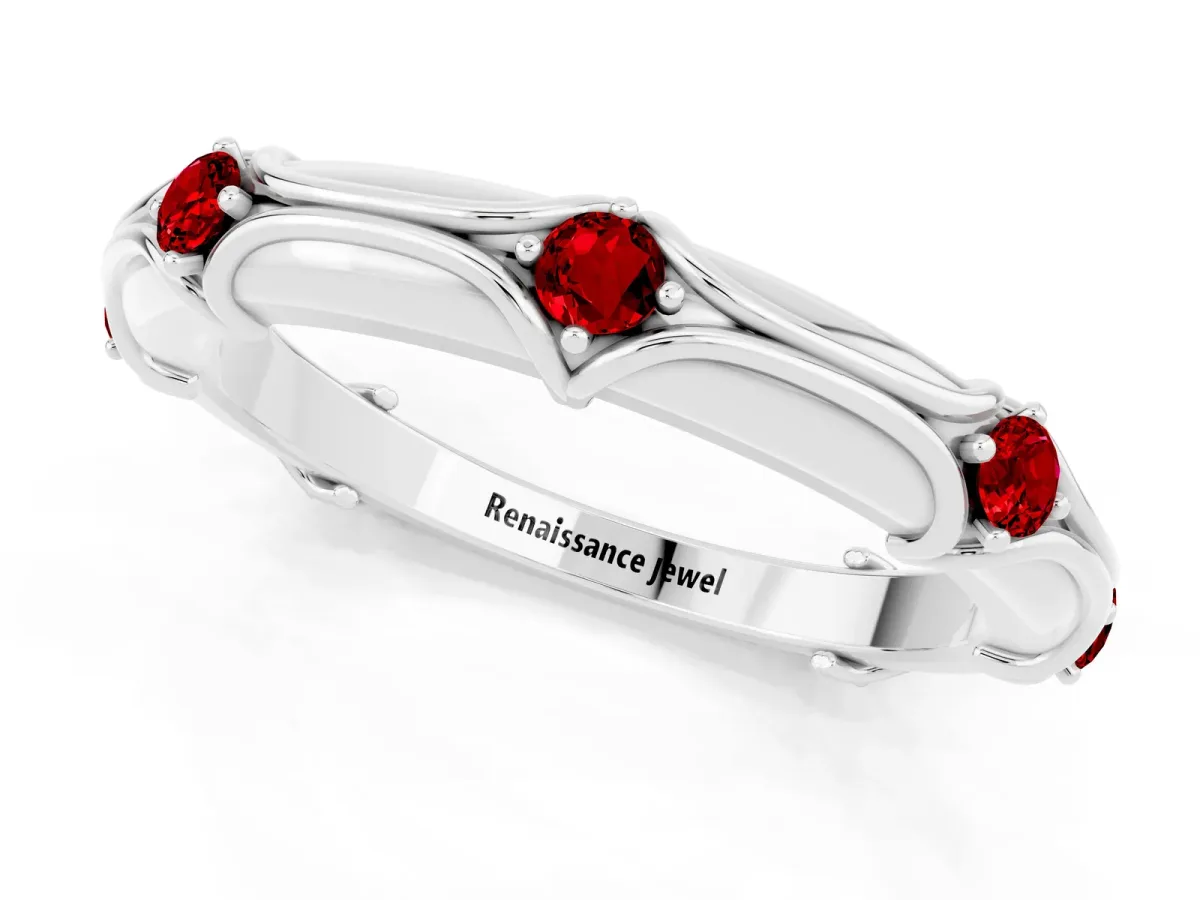 Round Ruby Prong Set Milgrain Eternity Band Silver