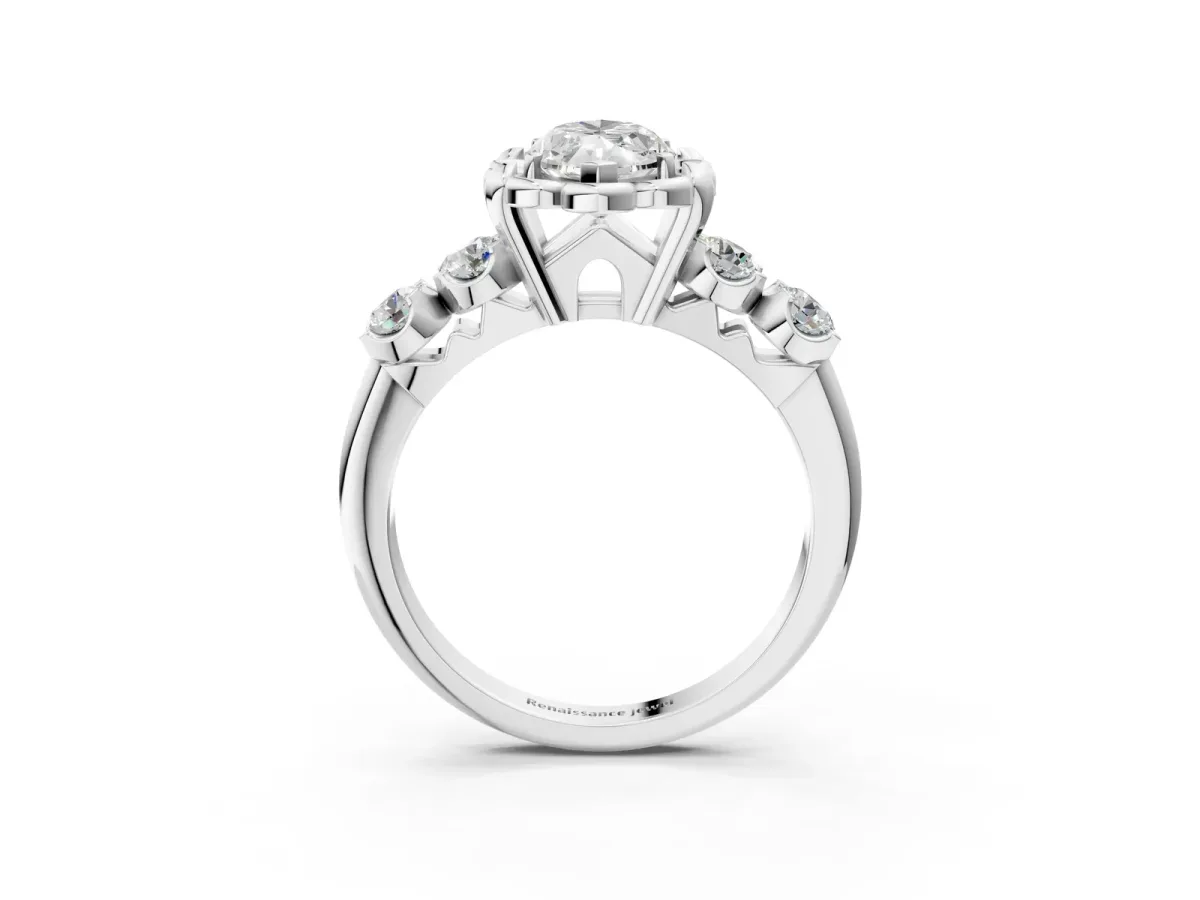 Marquise Cut Cut Diamond Floral Halo Engagement Ring with Shared Prong Setting Silver