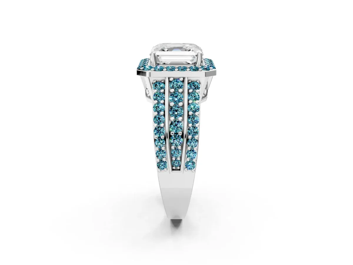 Asscher Cut Halo Diamond Ring with Round Blue Topaz Split Shank and Prong Setting Silver