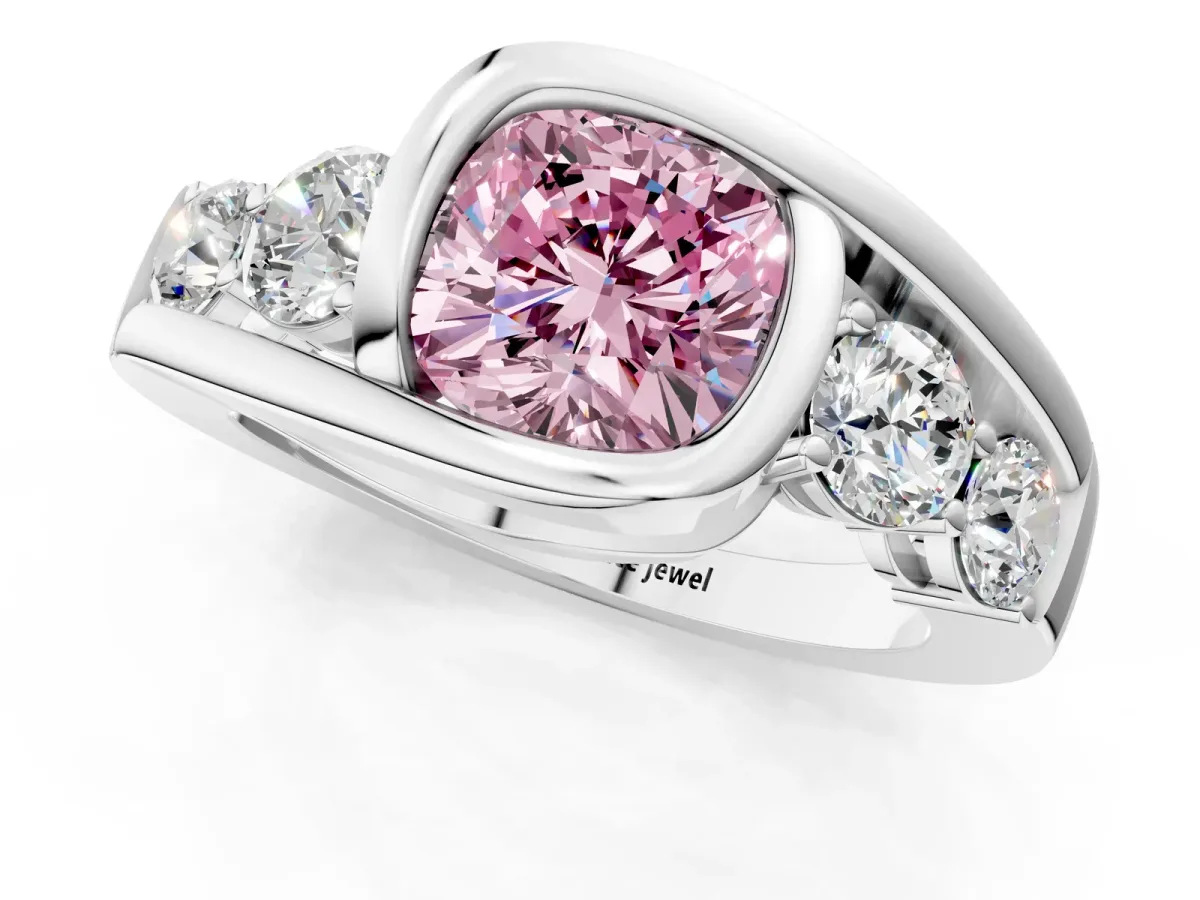 Fancy Pink Bezel Set Cushion Cut Diamond Bypass Ring with Round Accents Silver