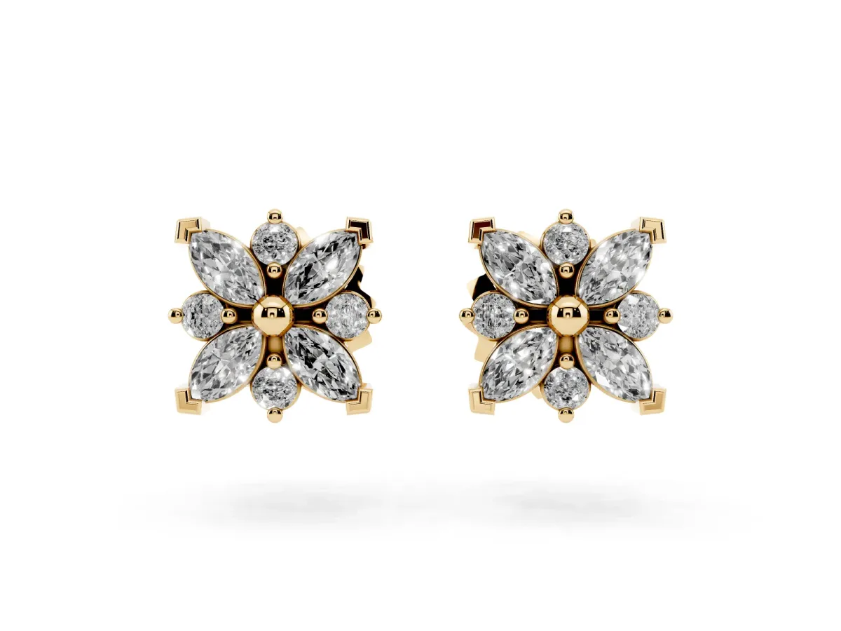 Marquise Diamond Petal Stud Earrings with Diamond Accents Yellow gold