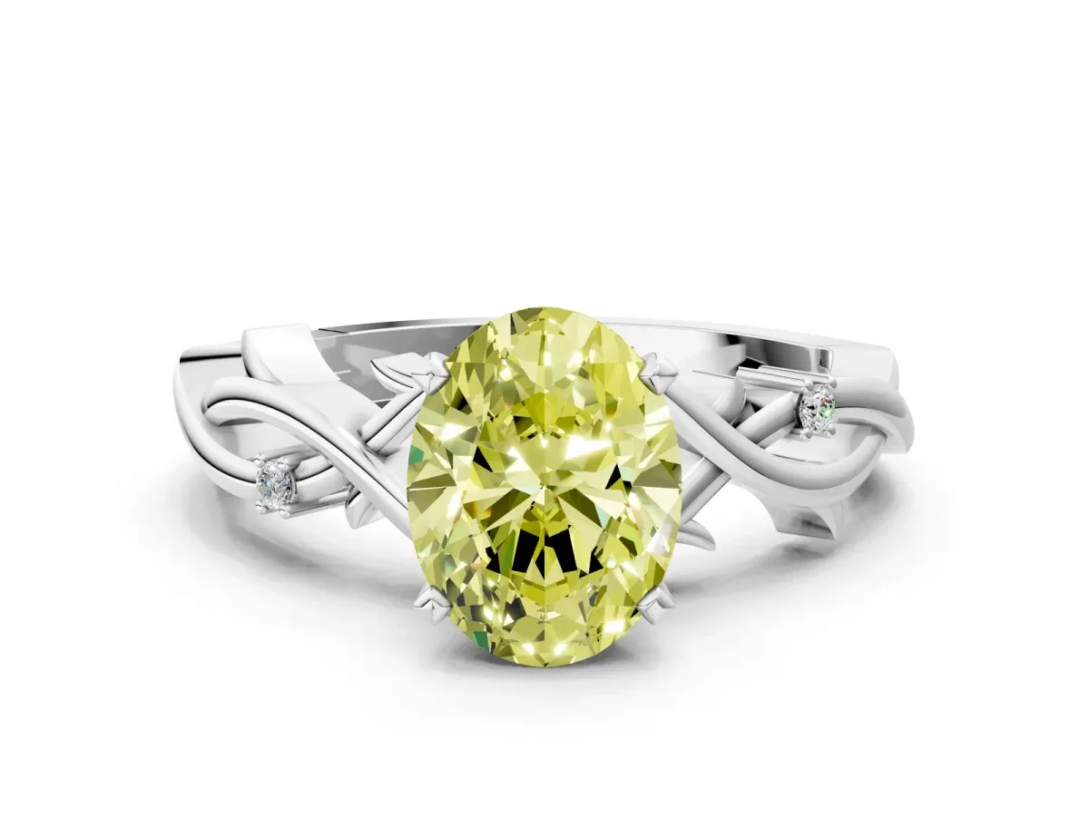 Fancy Yellow Oval Cut Diamond Solitaire Ring with Twisted Band and Prong Setting Silver