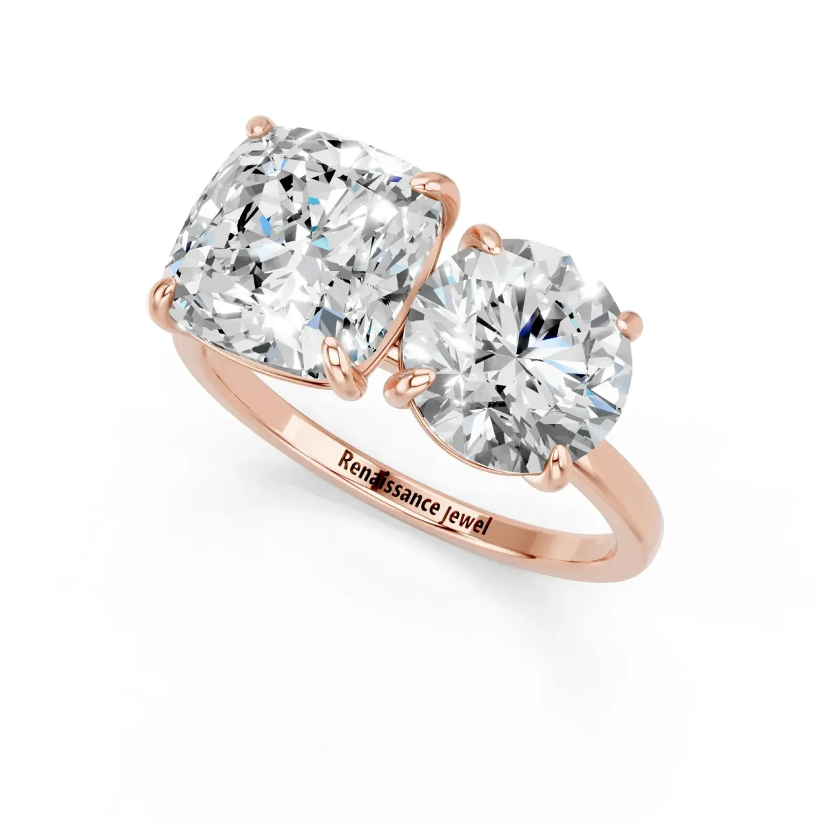 Round and Cushion Toi Moi Ring with Prong Setting and Plain Band Rose gold