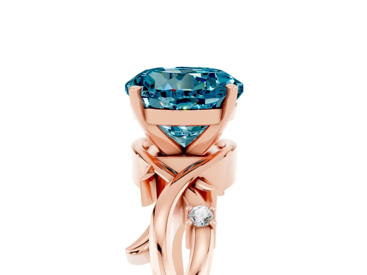 Round Cut Blue Topaz Solitaire Ring with Twisted Band and Prong Setting Rose gold