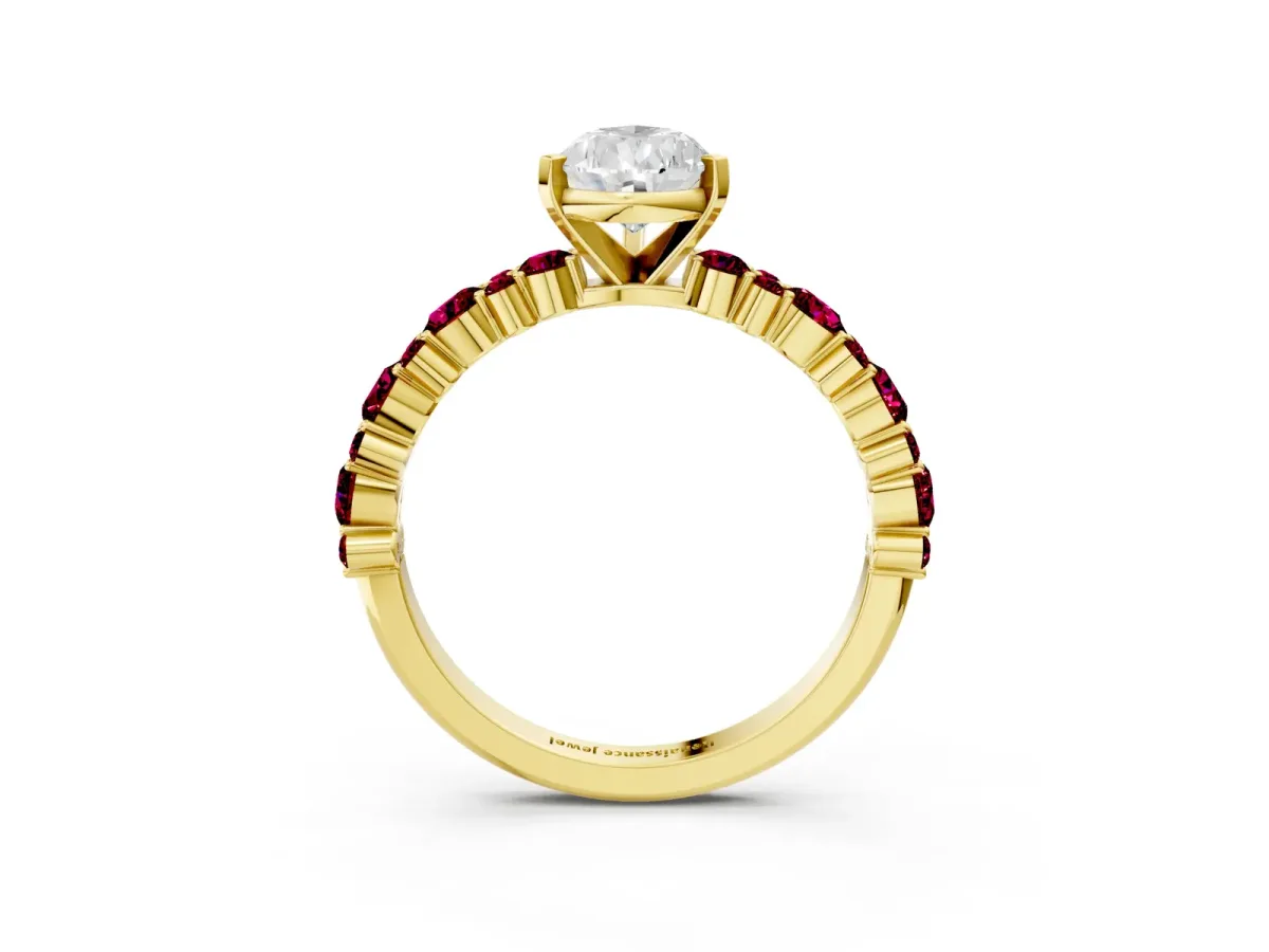 Pear Cut Diamond Side Stone Solitaire Ring with Round Garnet and Four-Prong Setting Yellow gold