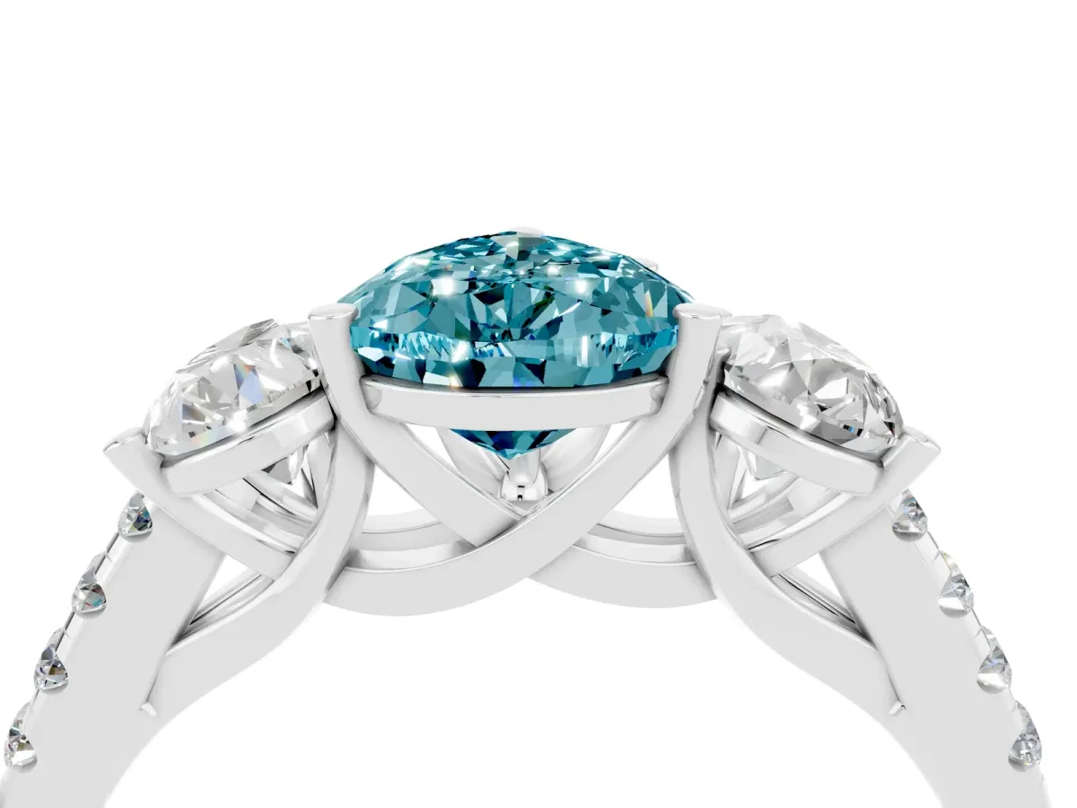Three-Stone Pear Cut Blue Topaz Ring with Round Pavé Band and Prong Setting Silver