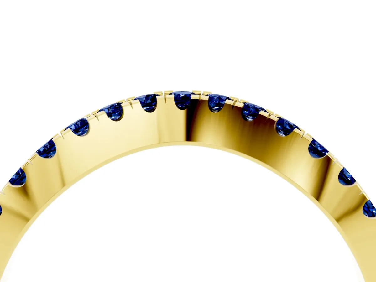Round Blue Sapphire Pavé Curved Band with Shared Prong Setting Yellow gold