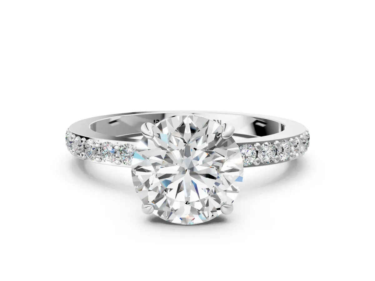 Round Cut Diamond Pavé Engagement Ring with Round Accents and Prong Setting Silver