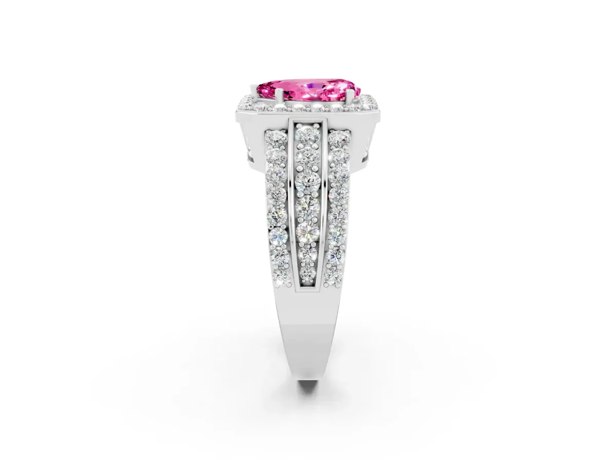 Pear Cut Halo Pink Sapphire Ring with Round Split Shank and Prong Setting Silver