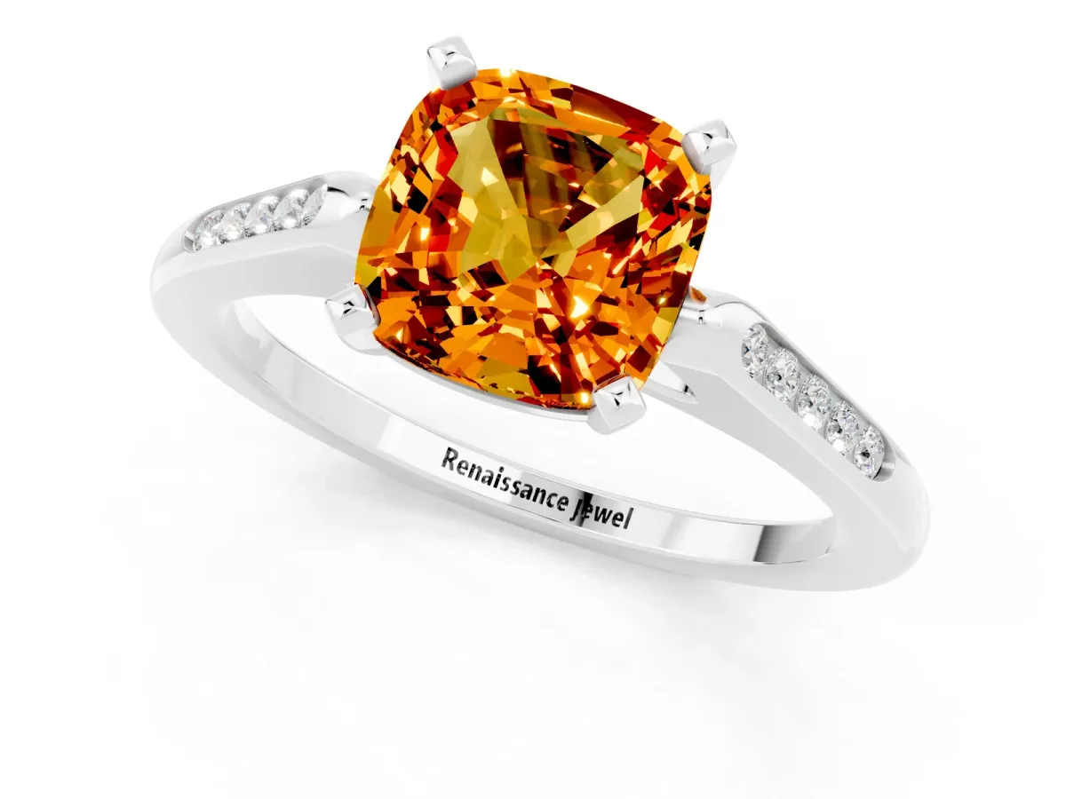 Cushion Cut Citrine Solitaire Ring with Channel Set Round Band and Prong Setting Silver