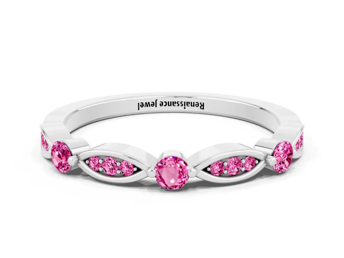 Marquise and Round Pink Sapphire Milgrain Band with Bezel Setting Silver
