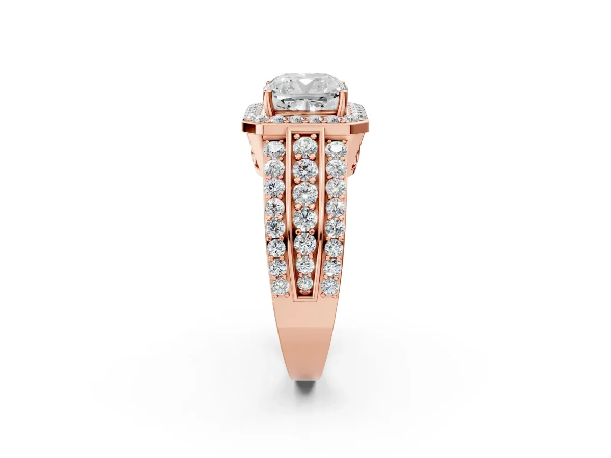 Cushion Cut Halo Diamond Ring with Round Split Shank and Prong Setting Rose gold
