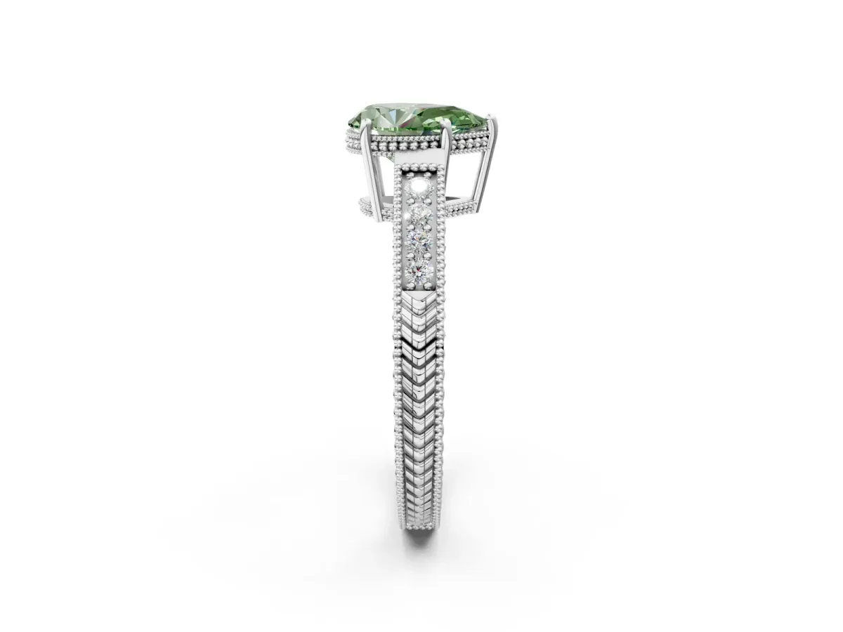 Fancy Green Pear Cut Diamond Ring with Milgrain Pavé Band and Four-Prong Setting Platinum