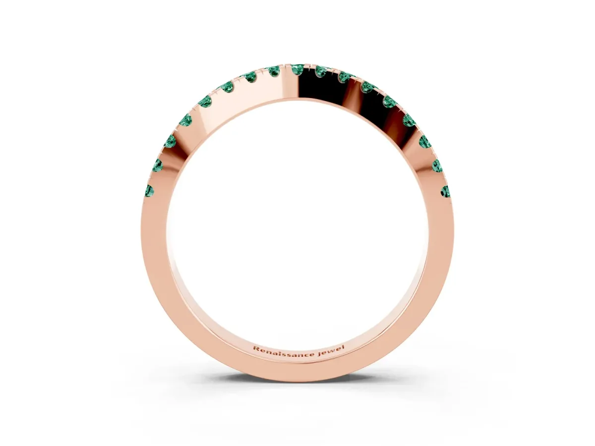 Round Green Sapphire Pavé Curved Band with Shared Prong Setting Rose gold