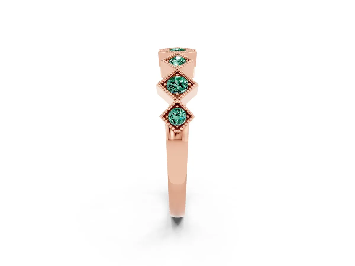 Milgrain Square Bezel Round Green Sapphire Chevron Band Rose gold