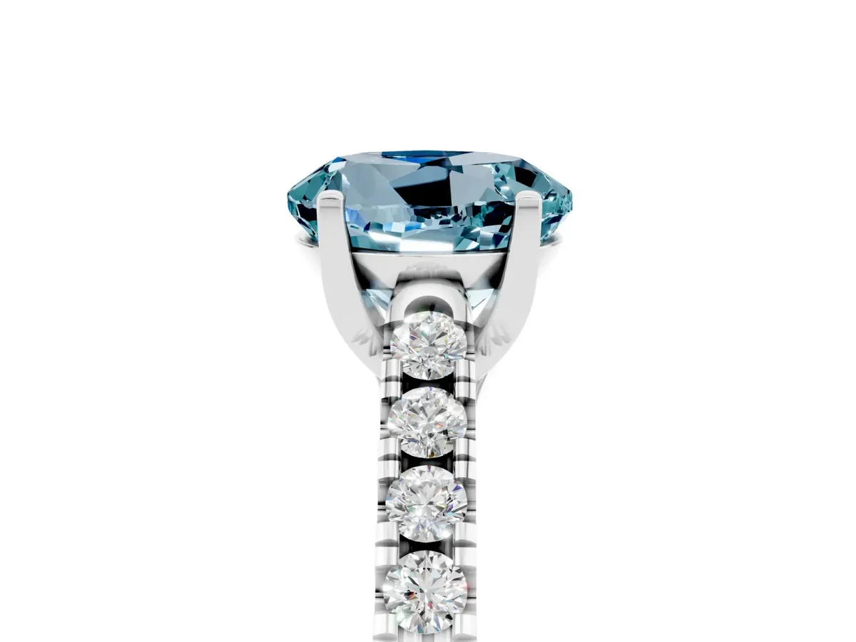 Round Cut Aquamarine Pavé Band Solitaire Ring with Prong Setting White gold