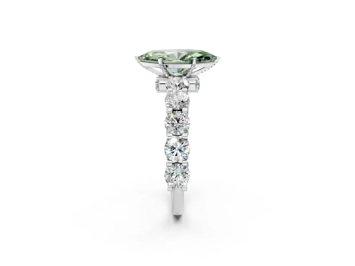 Fancy Green Marquise Cut Diamond Side Stone Engagement Ring with Four-Prong Setting White gold