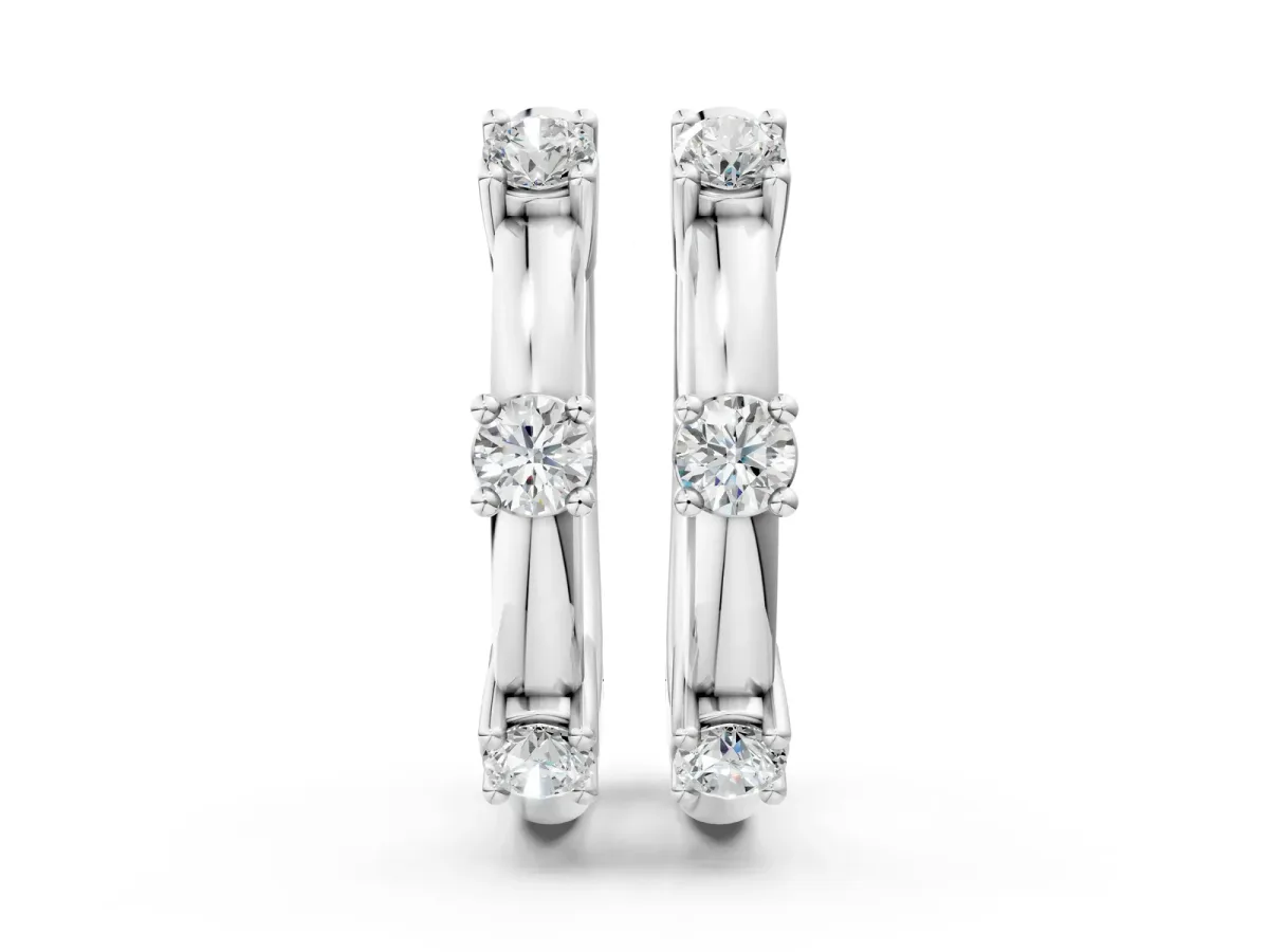 Round Diamond Station Huggie Hoop Earrings Platinum