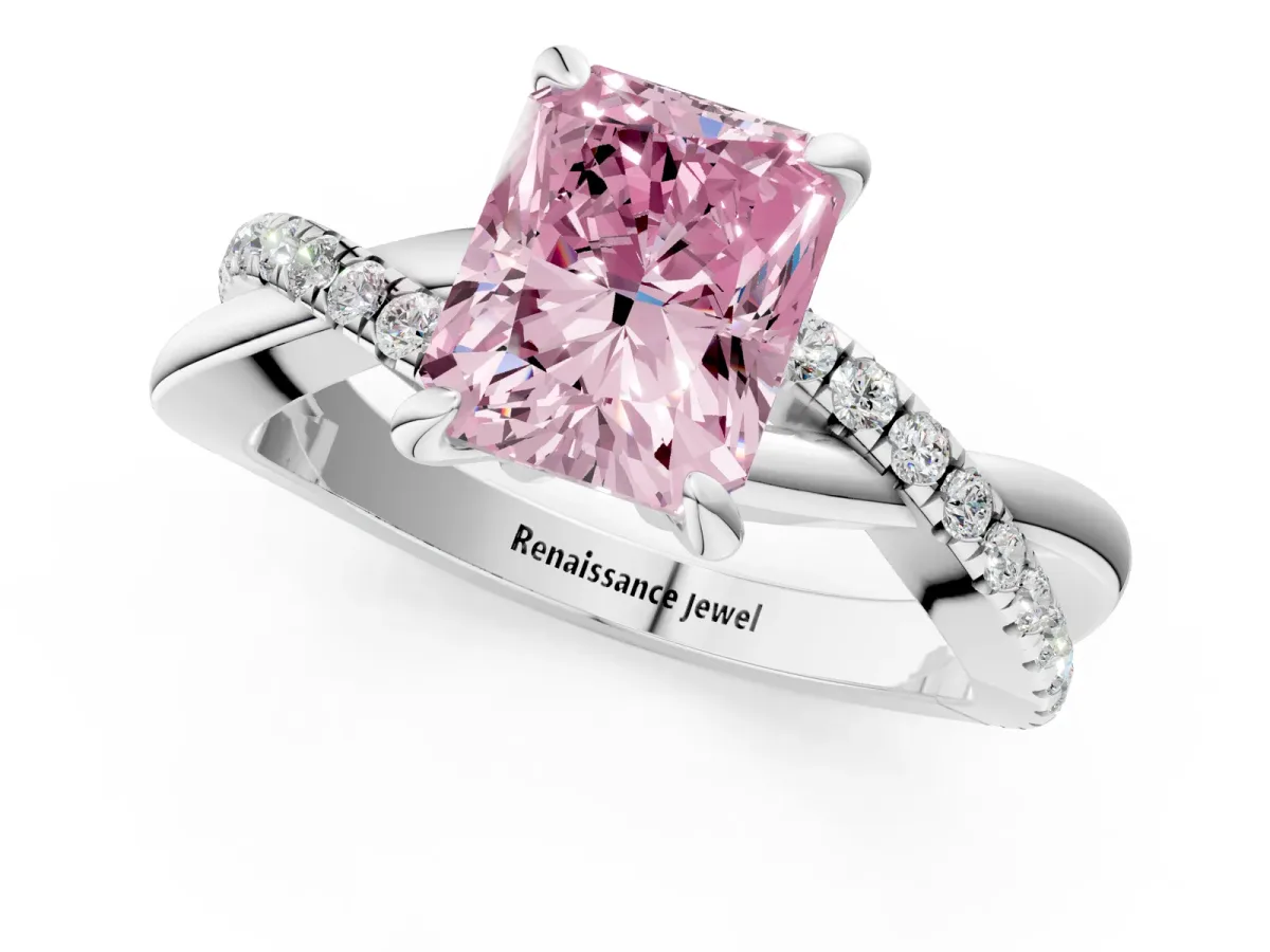 Fancy Pink Radiant Cut Cut Twist Band Solitaire Diamond Ring with Pavé Setting Platinum