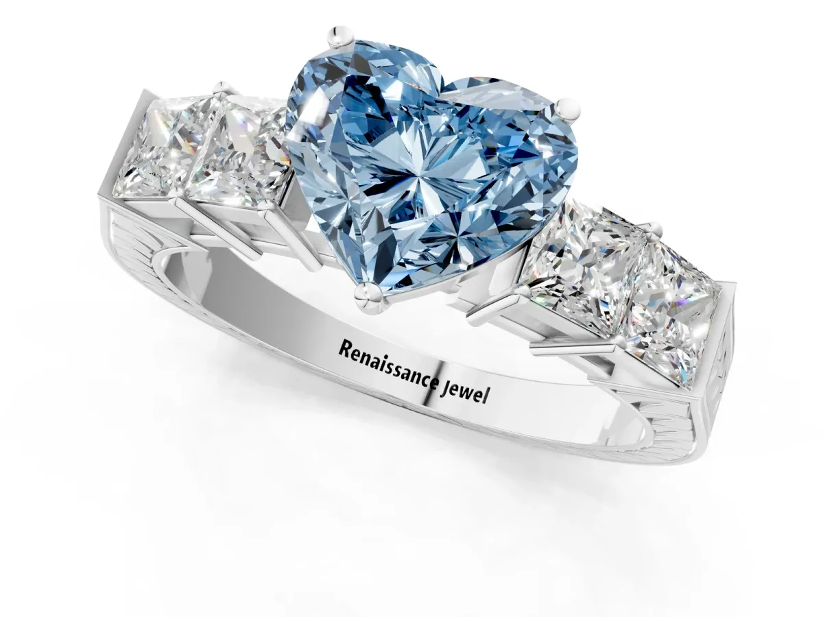 Fancy Blue Heart Cut Solitaire Princess Side Stone Engraved Band Prong Setting Ring Platinum
