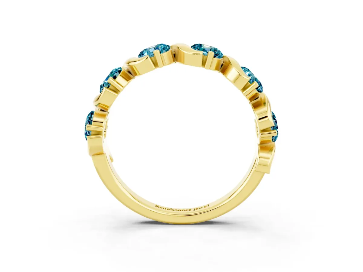 Round Blue Topaz Half Eternity Band with Wave Prong Setting Yellow gold