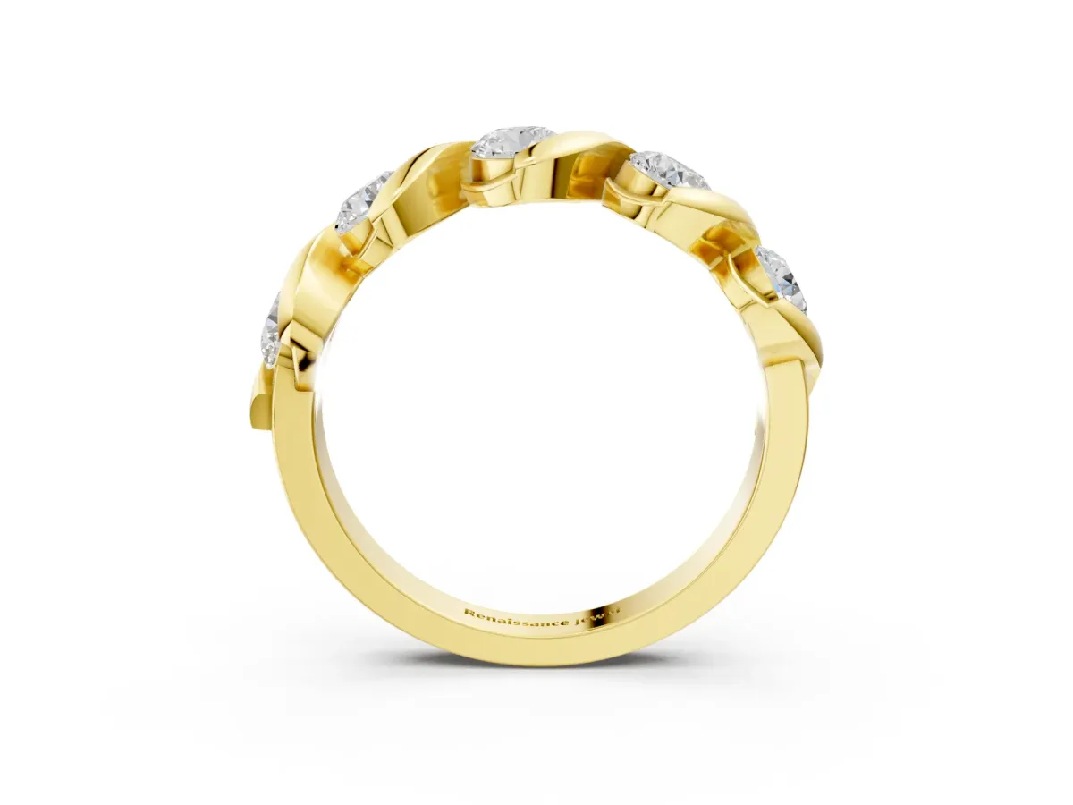 Round Diamond Wave Band with Channel Setting and Shared Prongs Yellow gold