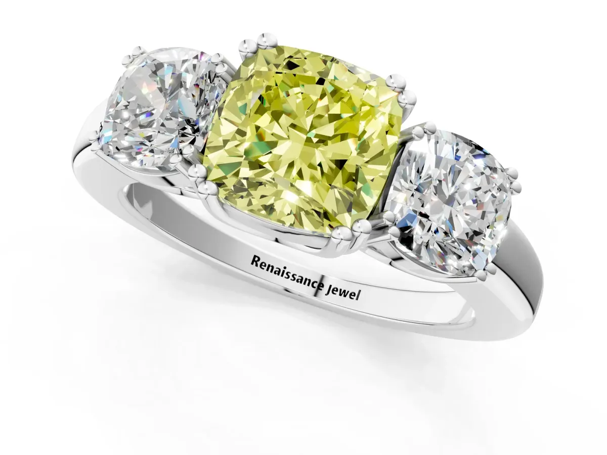 Fancy Yellow Three-Stone Cushion Cut Cut Diamond Ring with Channel Set Band and Four-Prong Setting Silver
